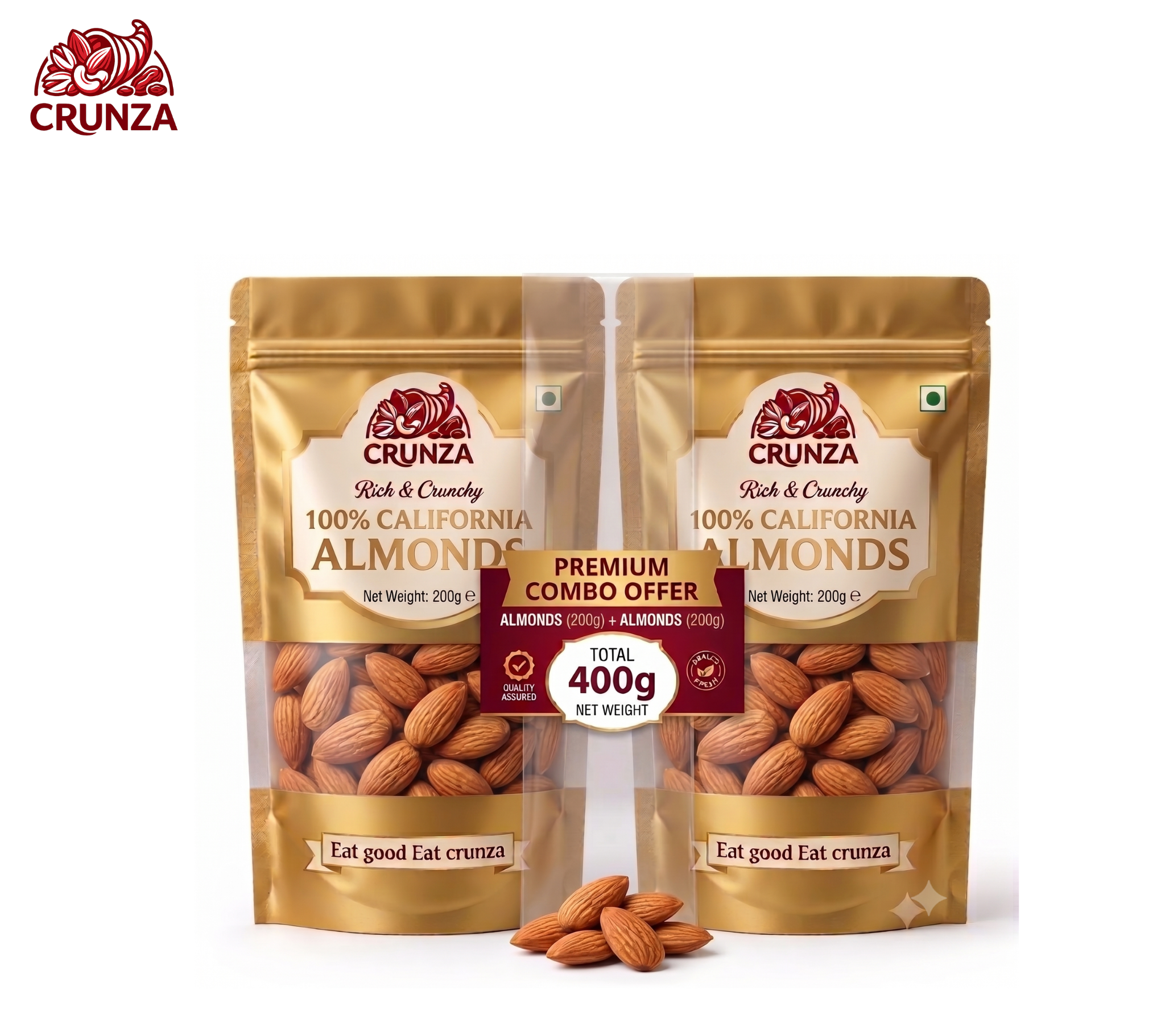 Crunza 100% California Almonds (200g Pack of 2) – Premium Combo Deal | Fresh & Crunchy Raw Badam