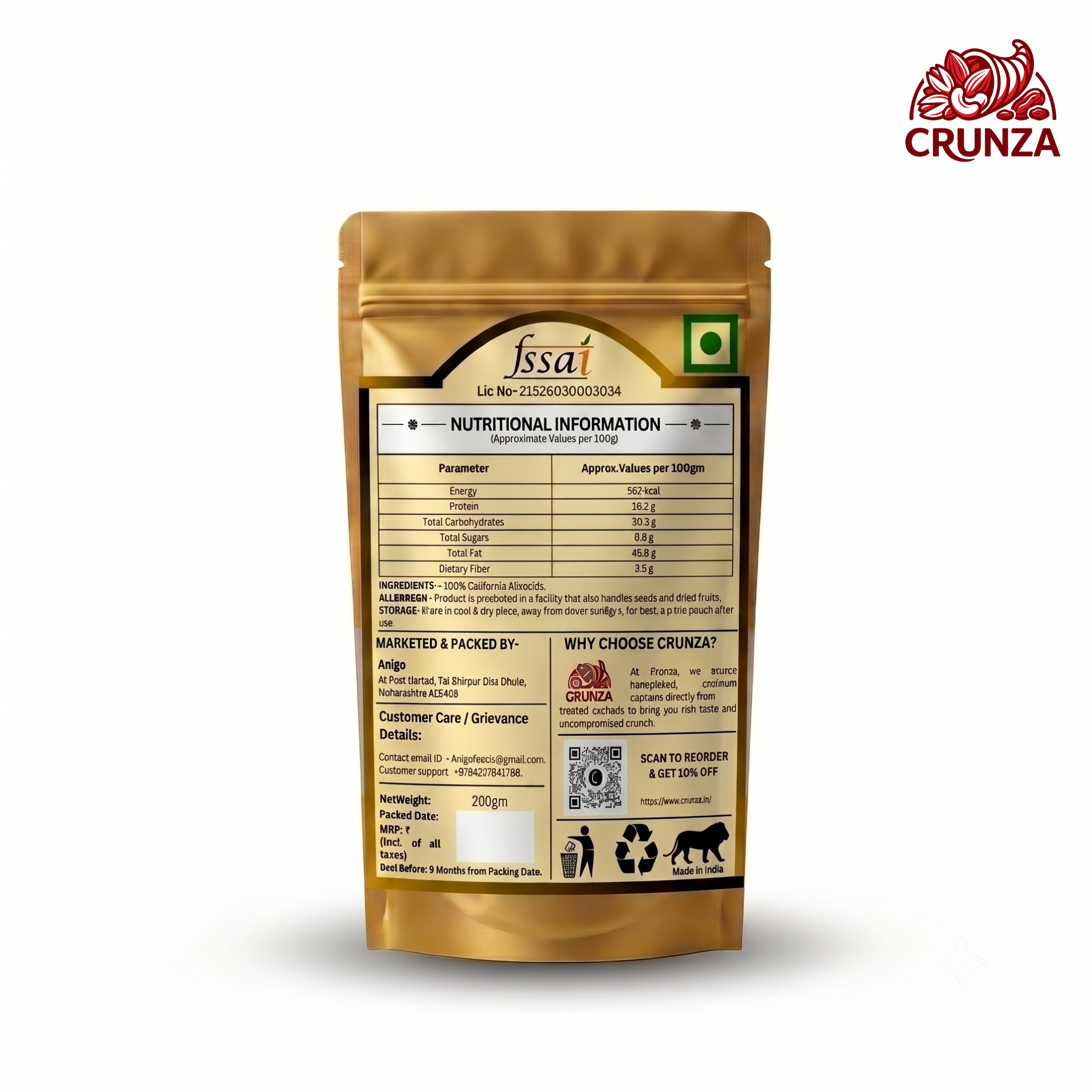 Crunza Rich & Crunchy Premium Almonds (Badam) - 200g