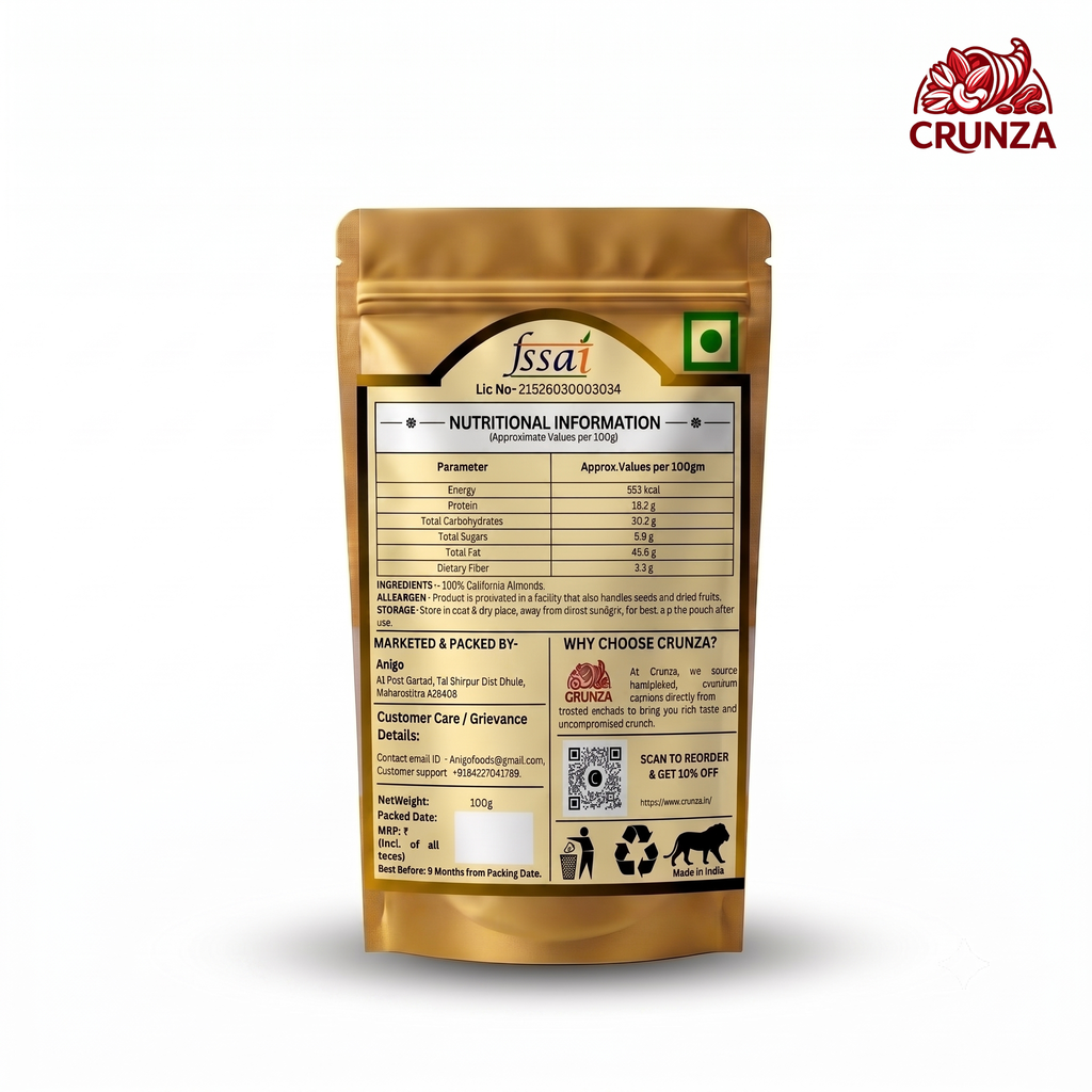 Crunza Rich & Crunchy Premium Almonds (Badam) - 100g