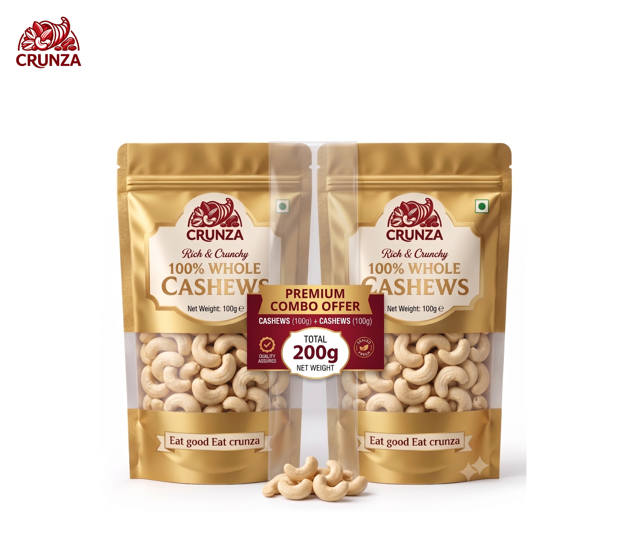Crunza 100% Whole Cashews Combo Pack (100g x 2) – Rich & Crunchy Premium Cashews (Total 200g)ack: Cashews (100g) + Cashews (100g)