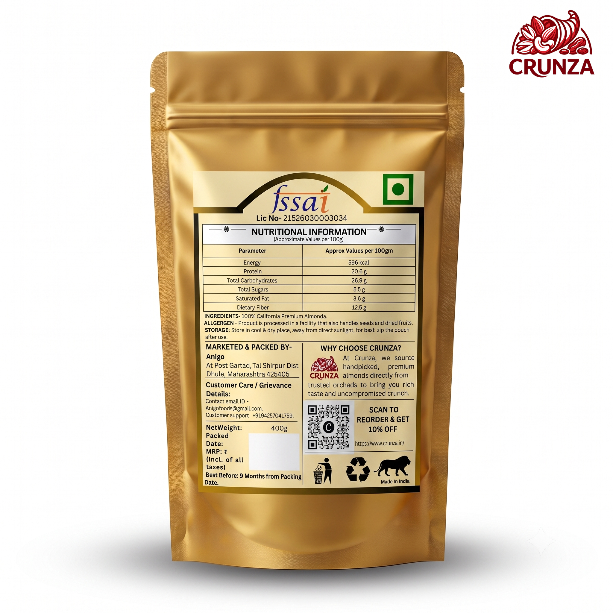 Crunza Rich & Crunchy Premium Cashews (Kaju) - 400g