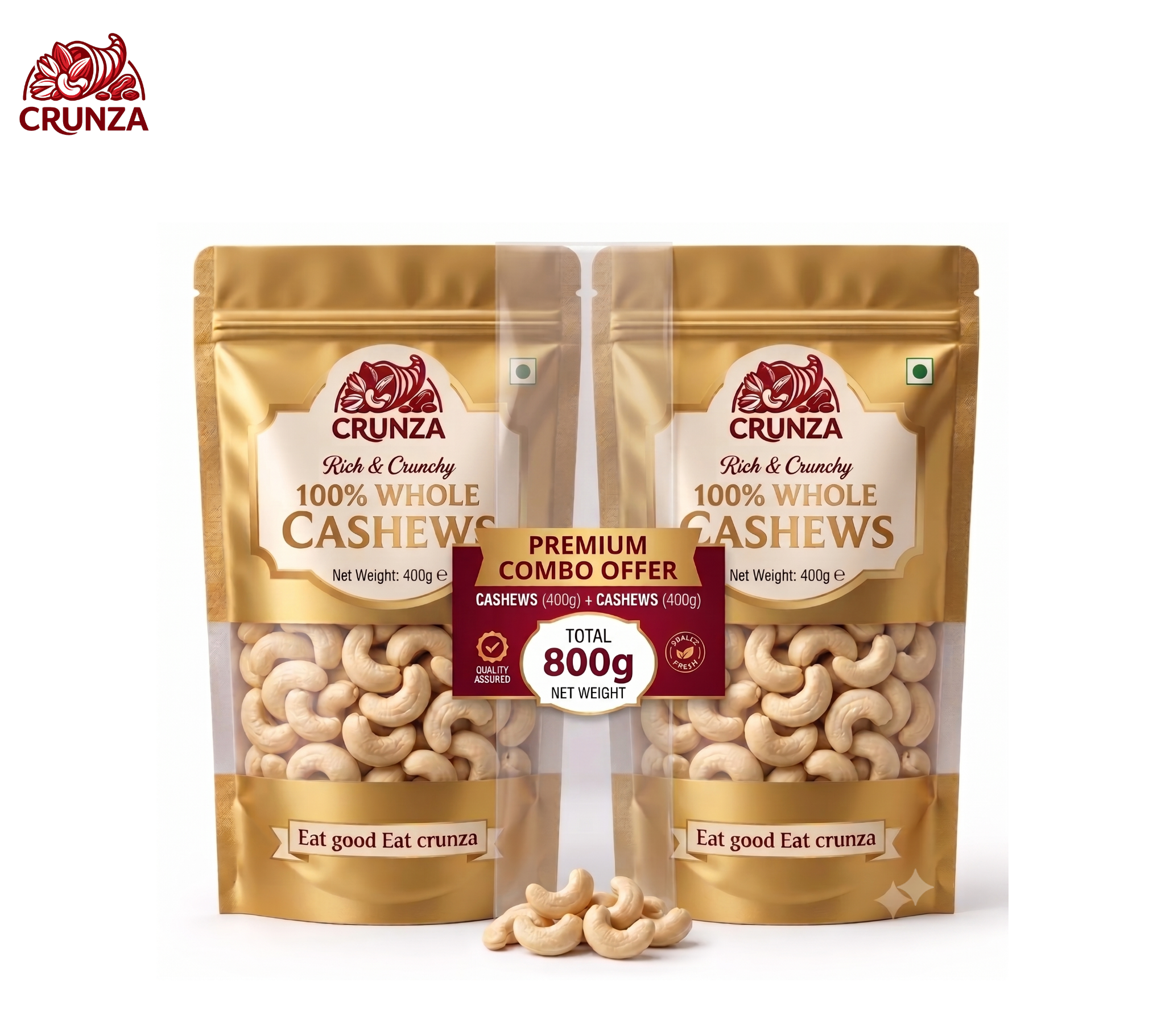 CRUNZA 100% Whole Cashews Value Combo Pack - 800g (400g x 2 Pouches)