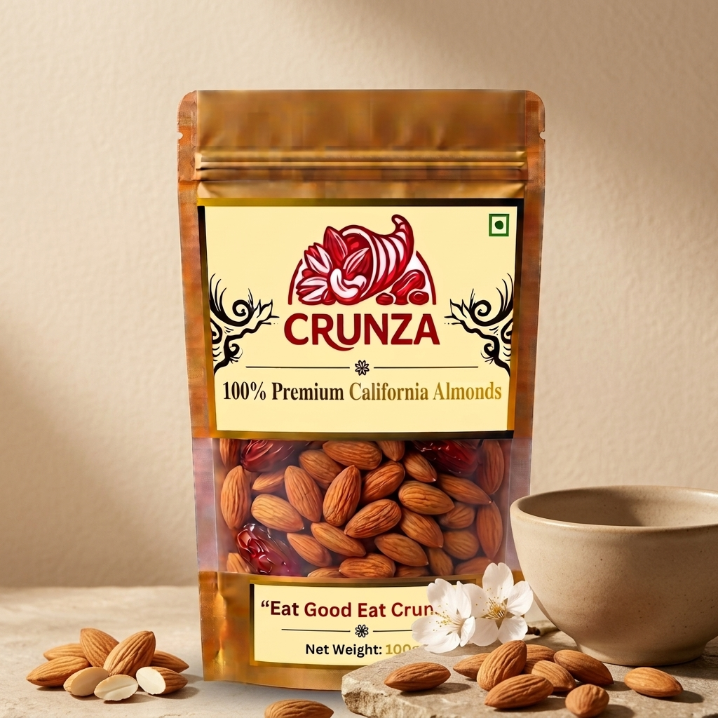 A stand-up pouch of CRUNZA 100% Premium California Almonds on a tabletop with scattered almonds and a small bowl, against a warm beige background.