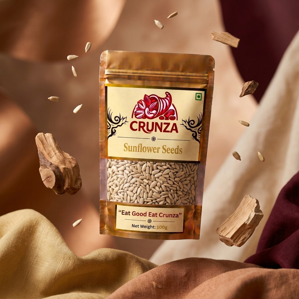A 100g bag of CRUNZA Sunflower Seeds floating in mid-air, surrounded by scattered seeds and pieces of wood, set against a warm, draped fabric background.