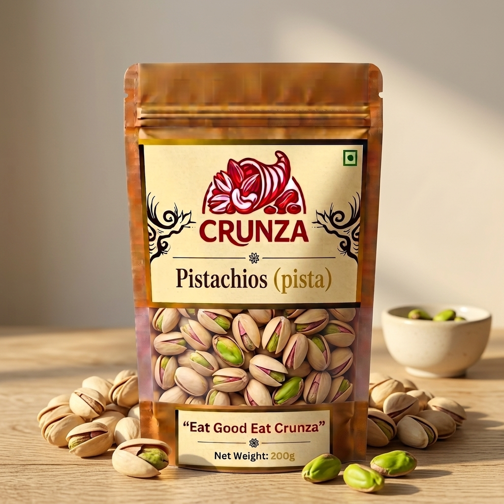 A stand-up pouch of CRUNZA Pistachios (pista) standing on a wooden surface, surrounded by scattered pistachios and a small bowl in the background. The package is metallic gold-brown with a cream label and visible green and beige pistachios through a clear window.