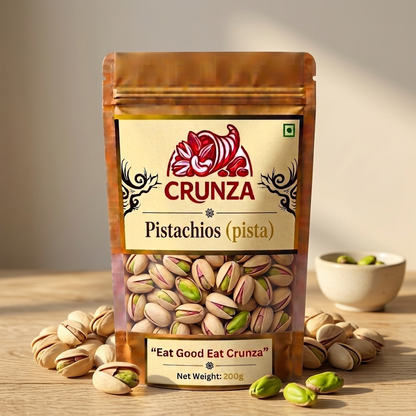 A stand-up pouch of CRUNZA Pistachios (pista) standing on a wooden surface, surrounded by scattered pistachios and a small bowl in the background. The package is metallic gold-brown with a cream label and visible green and beige pistachios through a clear window.