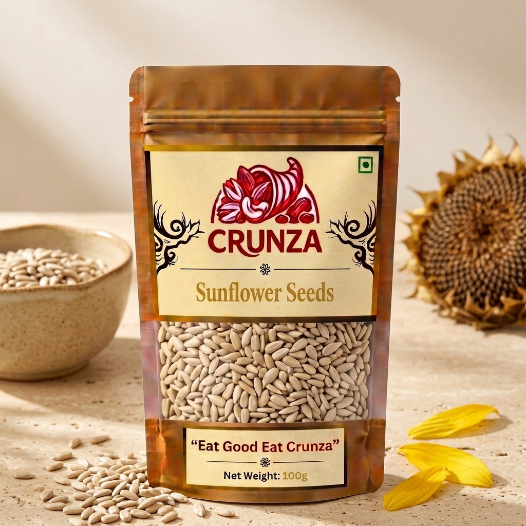 A stand-up pouch of CRUNZA Sunflower Seeds on a light beige surface, with a bowl of loose seeds, scattered seeds, yellow flower petals, and a sunflower in the background.