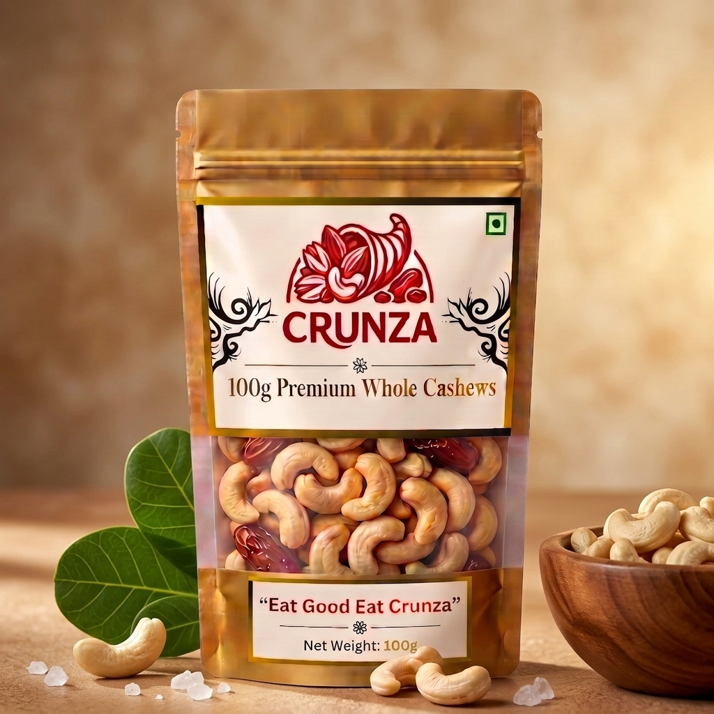 A 100g stand-up pouch of CRUNZA Premium Whole Cashews on a warm beige background, with cashews visible through the clear window, green leaves, loose cashews, and a wooden bowl around it.
