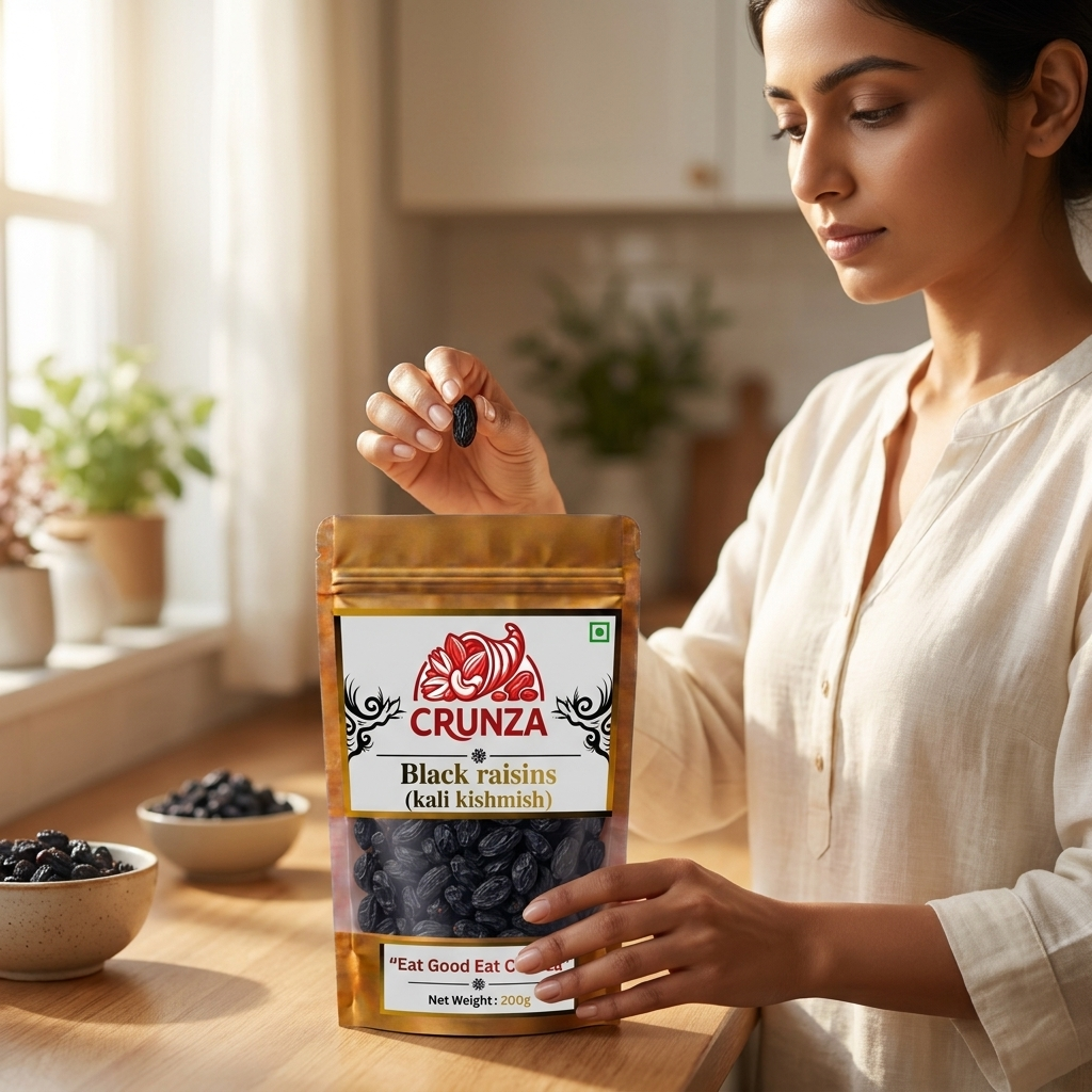 A woman in a white blouse holds a bag of CRUNZA Black raisins (kali kishmish) on a wooden table in a bright kitchen setting, with bowls of raisins nearby.