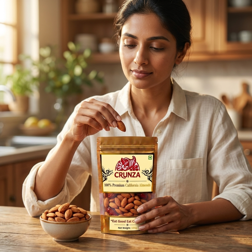 A woman in a white shirt sits at a wooden table in a warm kitchen setting, holding a bag of CRUNZA 100% Premium California Almonds while reaching for one. A small bowl of almonds sits beside the package.