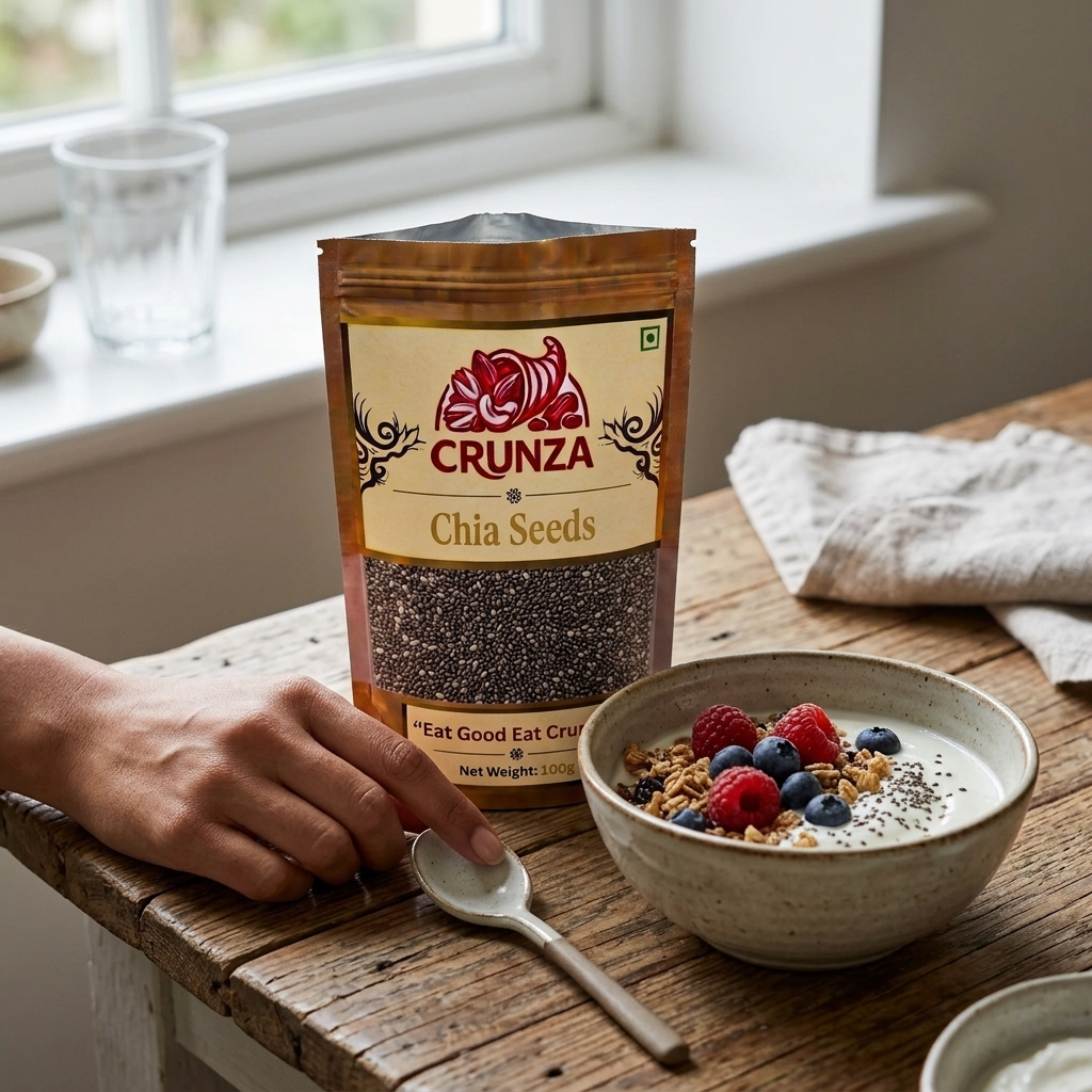 A stand-up pouch of CRUNZA Chia Seeds stands on a rustic wooden table beside a bowl of granola with berries and a hand reaching for a spoon. A real indoor environment with a window and natural light is visible, so this is Lifestyle rather than Product/Packaging.