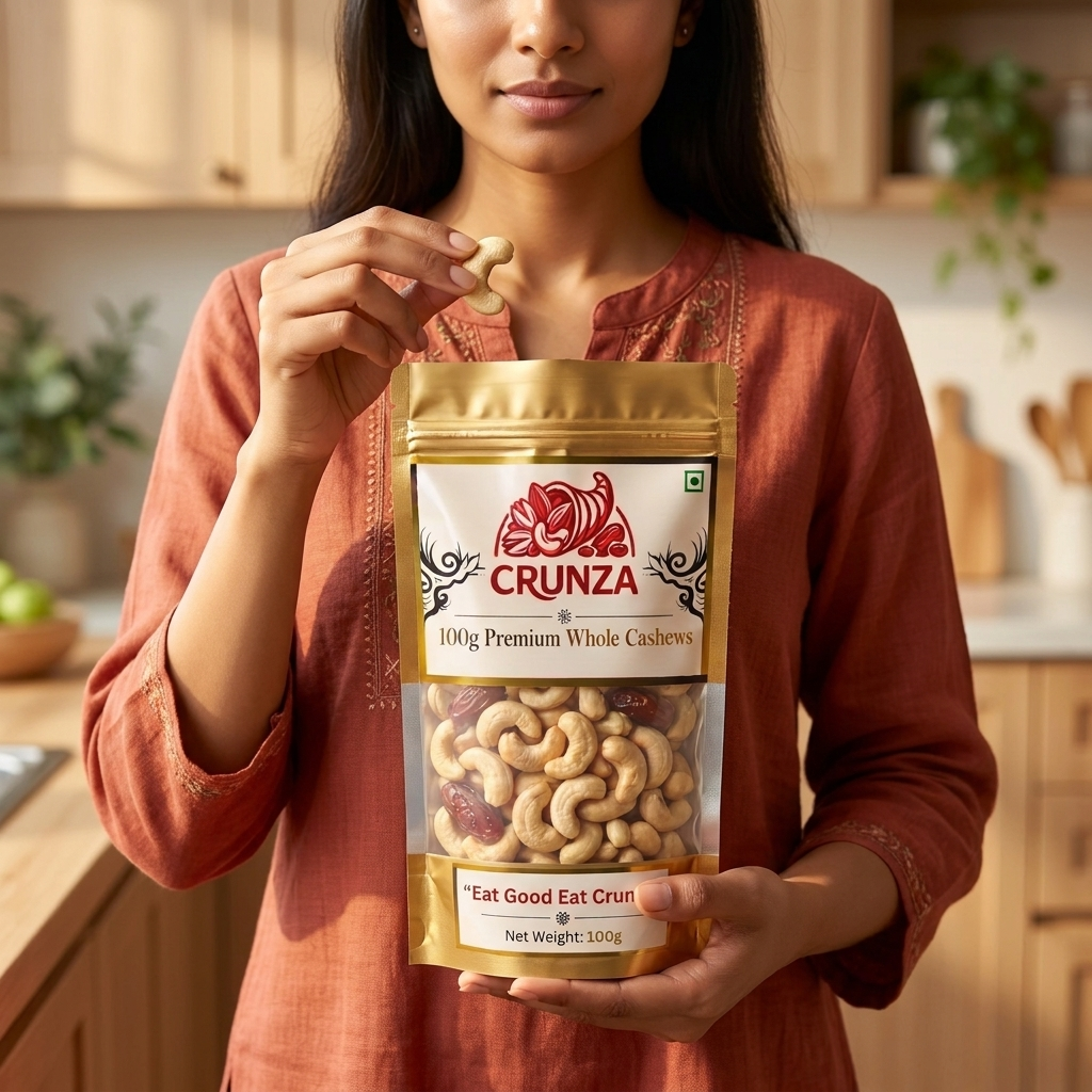 A woman in a rust-colored top holds a 100g bag of CRUNZA Whole Cashews in a warm kitchen setting, with one hand holding a cashew between her fingers.
