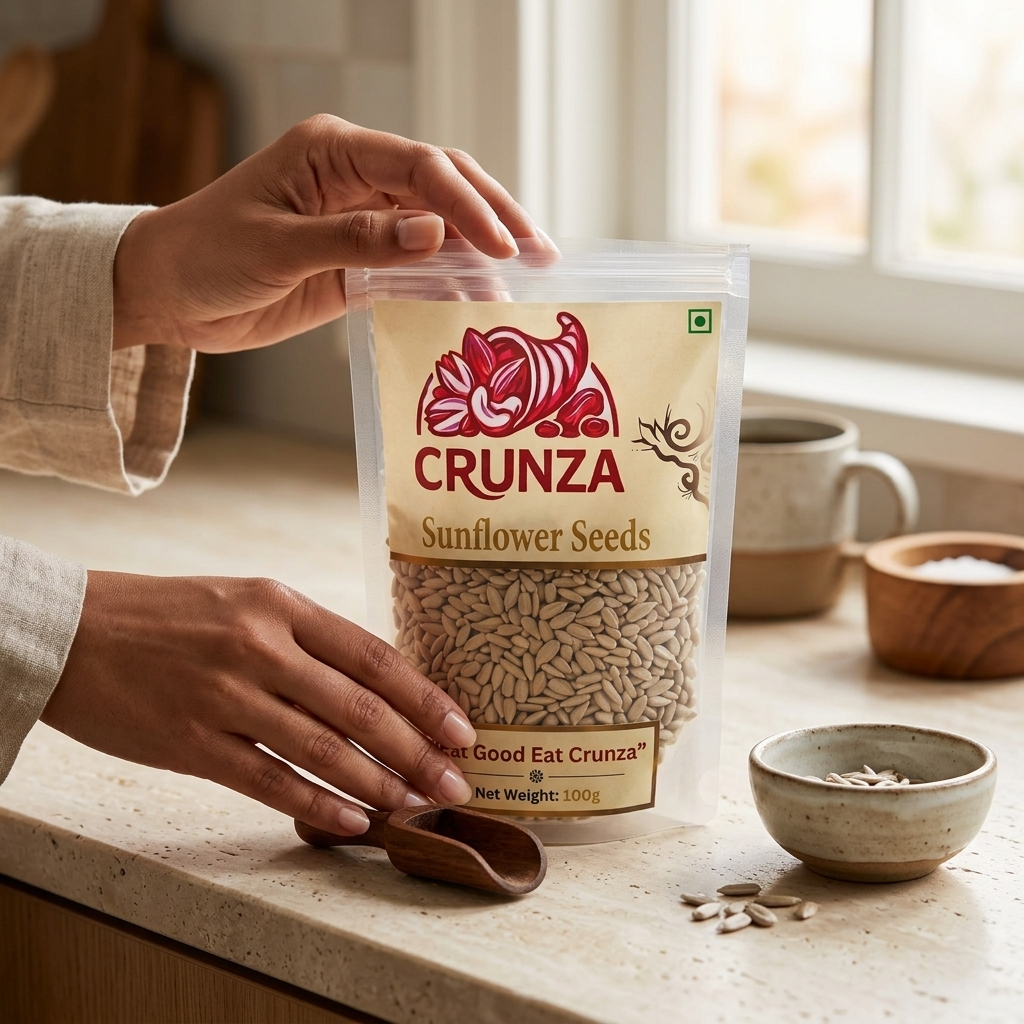 A person's hands holding a 100g bag of CRUNZA Sunflower Seeds on a light beige countertop, with a small wooden scoop and a ceramic bowl nearby in a bright kitchen setting.