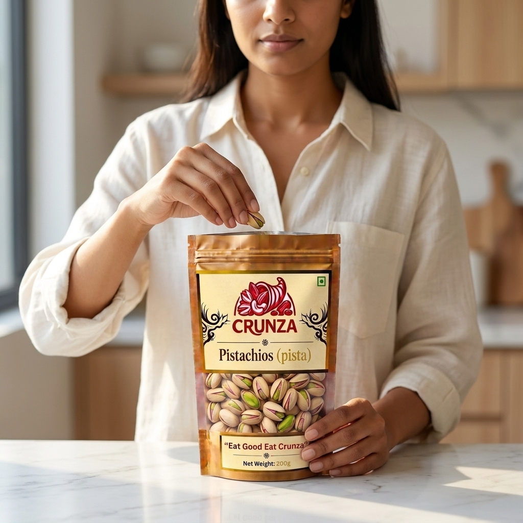 A woman in a white linen shirt holds a bag of CRUNZA Pistachios (pista) while placing a single pistachio into the bag, set in a bright, modern kitchen environment.