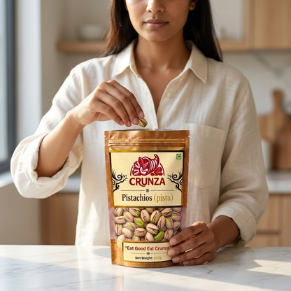 A woman in a white linen shirt holds a bag of CRUNZA Pistachios (pista) while placing a single pistachio into the bag, set in a bright, modern kitchen environment.