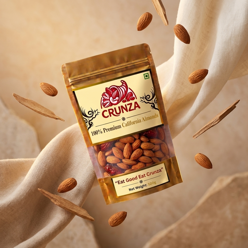 A stand-up pouch of CRUNZA 100% Premium California Almonds floating against a draped beige fabric backdrop with scattered almonds and cinnamon sticks around it. The pouch is transparent enough to show the almonds inside, with a cream label featuring a red bear logo and the brand name CRUNZA.