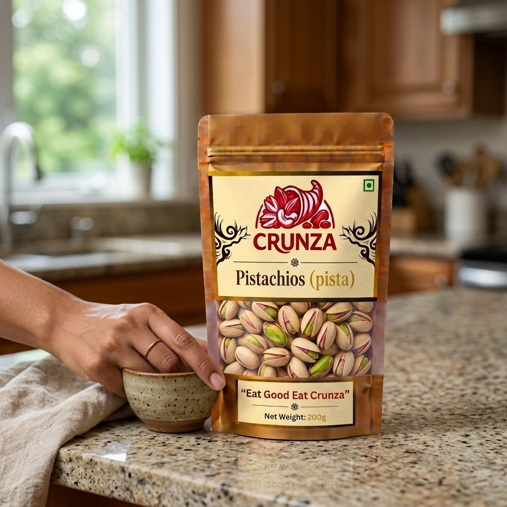 A bag of CRUNZA Pistachios (pista) standing on a granite kitchen countertop, with a person's hand holding a small ceramic bowl nearby. The background shows a softly blurred kitchen interior with wooden cabinets and a window.