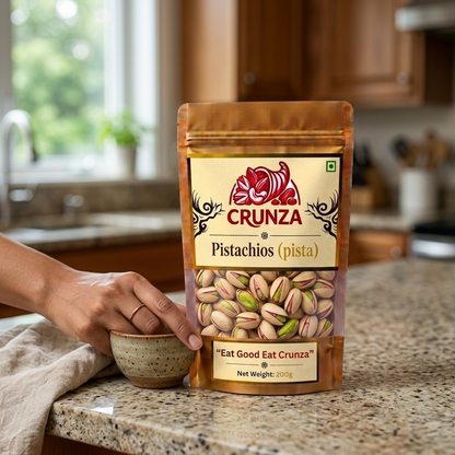 A bag of CRUNZA Pistachios (pista) standing on a granite kitchen countertop, with a person's hand holding a small ceramic bowl nearby. The background shows a softly blurred kitchen interior with wooden cabinets and a window.
