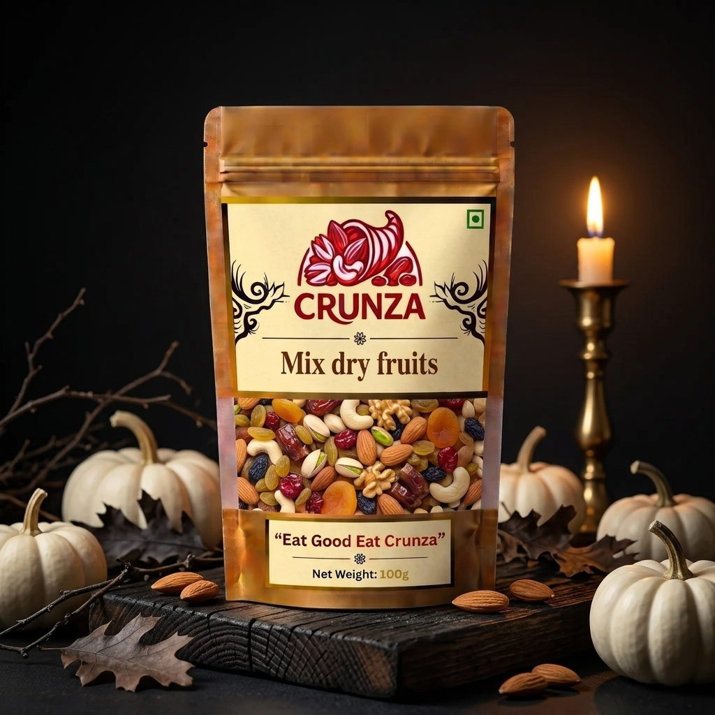A 100g stand-up pouch of CRUNZA Mix Dry Fruits, styled on a dark wooden board with white pumpkins, almonds, and a burning candle in the background.