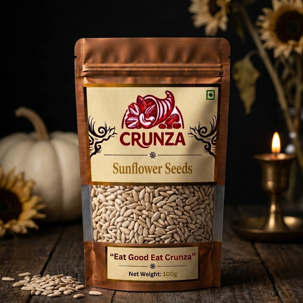 A 100g stand-up pouch of CRUNZA sunflower seeds on a rustic wooden surface, with sunflower seeds scattered in front, a white pumpkin on the left, and a brass candle holder with a lit flame on the right against a dark background.