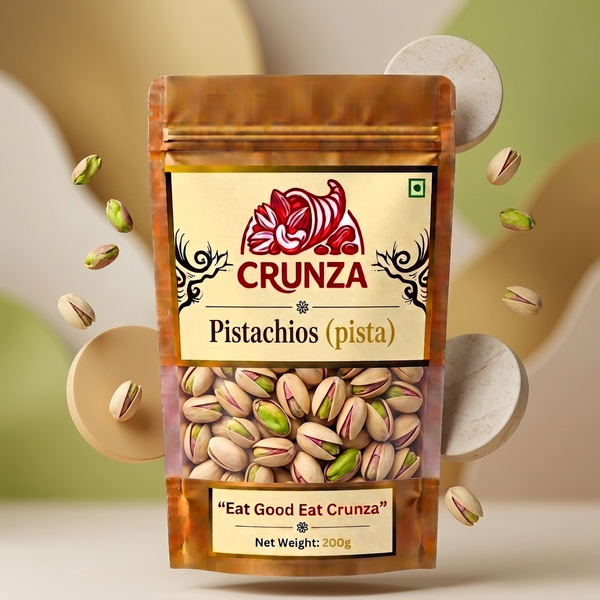 A stand-up pouch of Crunza Pistachios (pista) with a clear window showing the green and beige pistachios inside. The packaging is metallic gold-brown with a cream label featuring the red and black 'CRUNZA' logo.