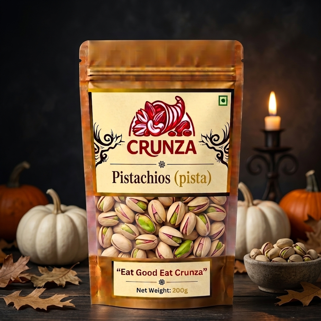 A stand-up pouch of CRUNZA Pistachios (pista) centered on a dark rustic background with pumpkins, a lit candle, and scattered leaves. The package has a cream label with red and black branding and a clear window showing green and beige pistachios inside.