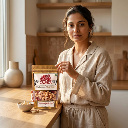 A woman in a beige pajama set stands in a warm, modern kitchen holding a bag of CRUNZA Whole Cashews. The product packaging is gold with a white and red label, and a small bowl of cashews sits on the wooden counter next to it.