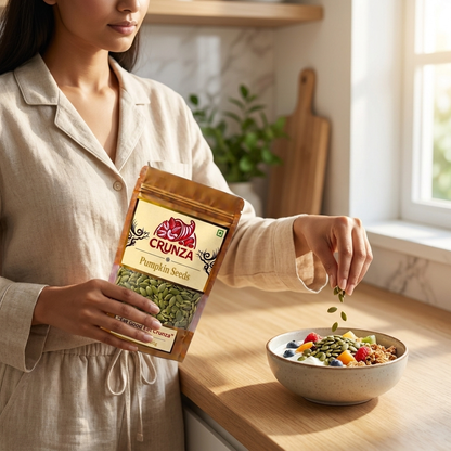 A woman in a beige linen pajama set sprinkles pumpkin seeds from a bag of CRUNZA Pumpkin Seeds onto a bowl of colorful granola in a bright, modern kitchen.