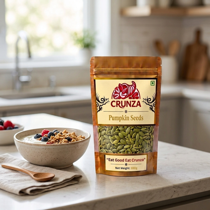 A stand-up pouch of CRUNZA Pumpkin Seeds stands on a light stone countertop in a bright kitchen setting, with a bowl of granola and berries nearby.