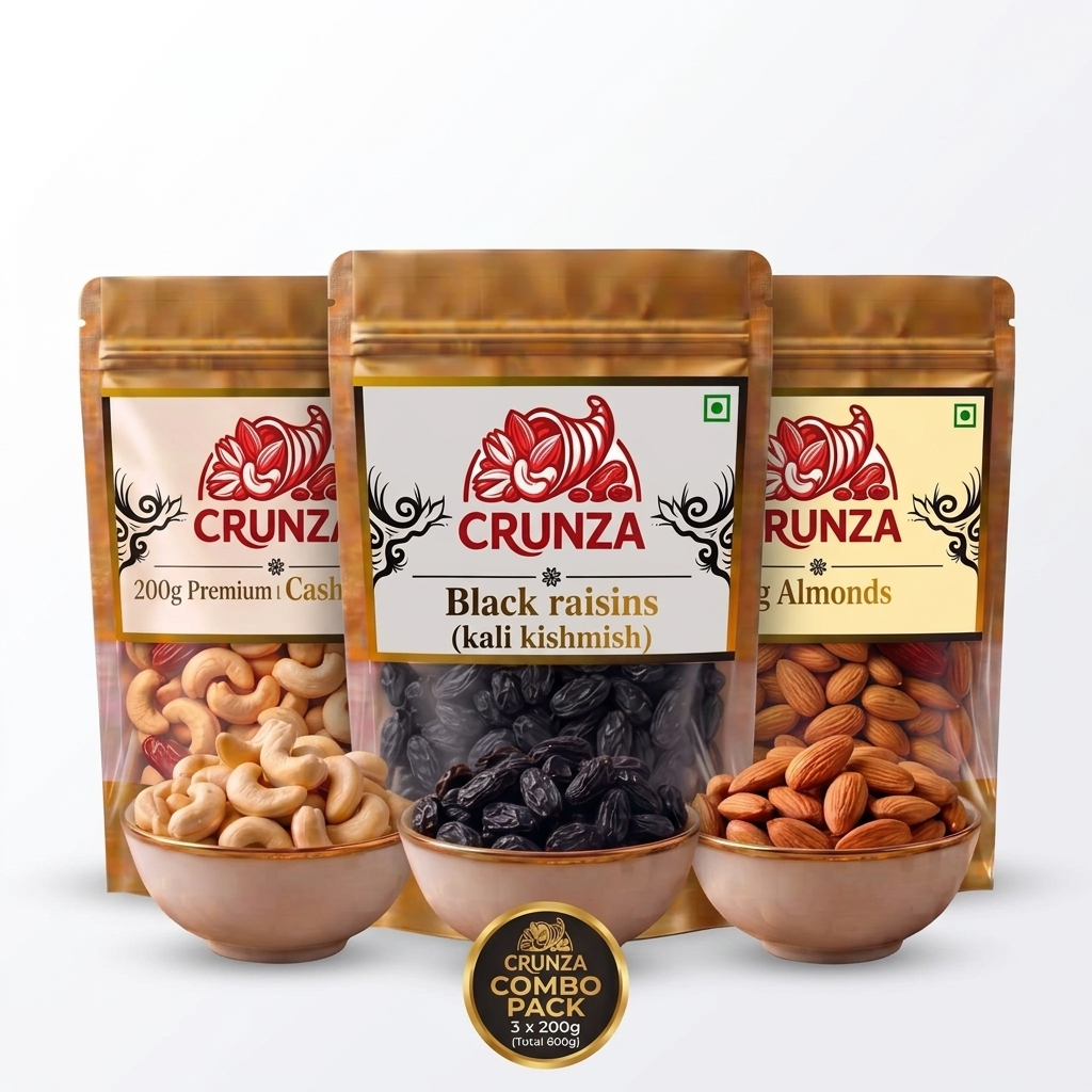 Three stand-up pouches of CRUNZA dried fruits and nuts arranged together on a light gray background, with cashews, black raisins, and almonds visible through clear lower sections, plus a round badge reading CRUNZA COMBO PACK.
