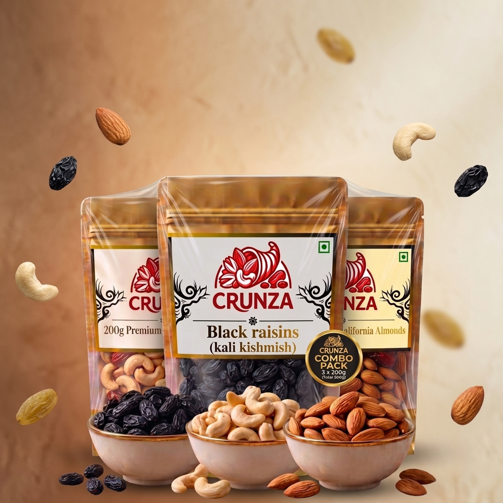 Three bags of CRUNZA premium mixed nuts and dried fruits, including black raisins, almonds, and cashews, arranged with small bowls of the ingredients on a warm beige background with floating nuts.