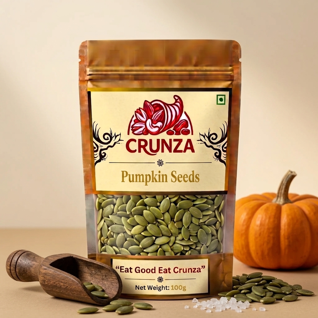 A 100g stand-up pouch of CRUNZA Pumpkin Seeds, displayed with a wooden scoop, loose seeds, and a small decorative pumpkin on a beige background.